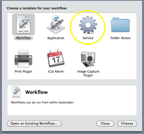 Automator Create a new Service Workflow