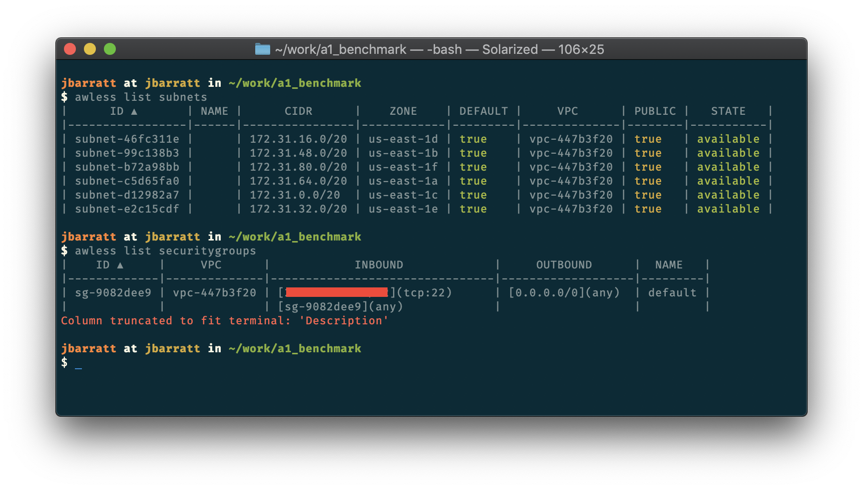 awless list subnet and securitygroups