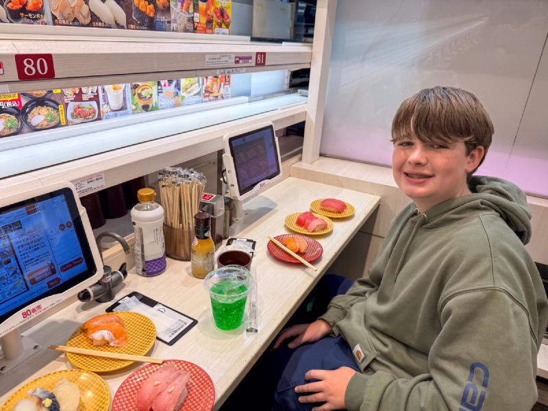 5 hours after landing, first Sushi. You ordered on the tablet and it came out a few minutes later. Truly delicious.